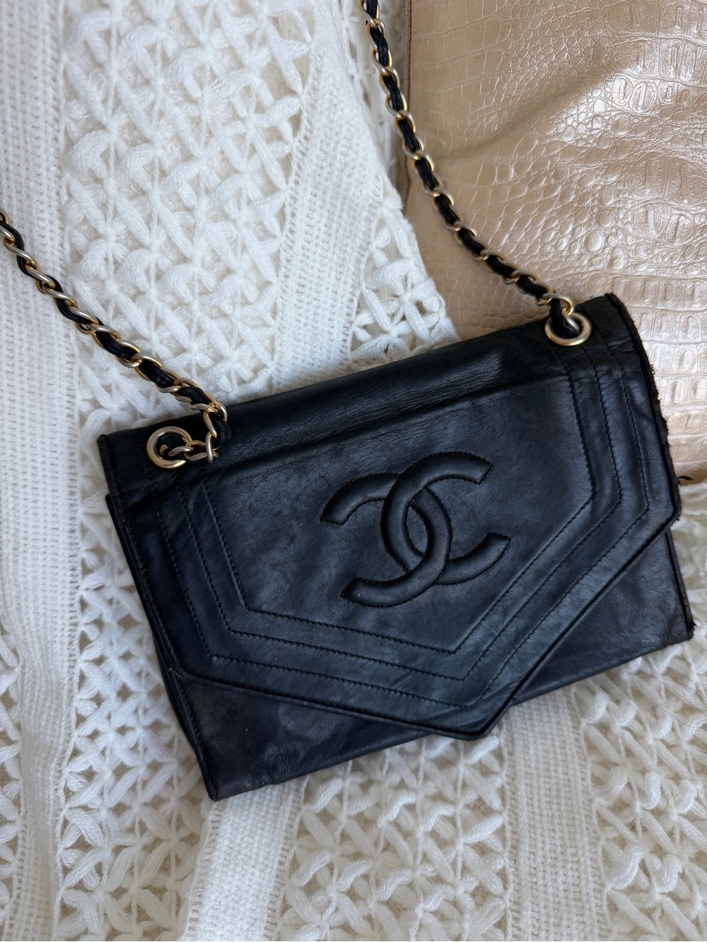CHANEL Black Leather Crossbody with Gold Chain